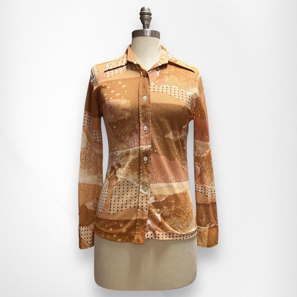 Vintage Disco Shirt 60s 70s Carnival Print Earth Tone Color Size Small